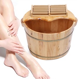 Headery Wooden Foot Tub, Solid Wood Handmade Wooden Bath Foot Bucket with Massager and lid, Pedicure Barrel for Soaking Feet Spa Care, Relieve Fatigue