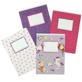 Papierdrachen 4 high-quality school notebooks for children, DIN A5, lined and squared, 32 pages, unicorn motif, for school enrolment for primary school students, set number 2-16 sheets