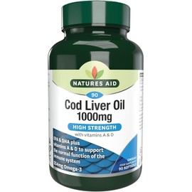 Natures Aid High Strength Cod Liver Oil 1000 mg – Omega-3 EPA & DHA with Vitamins A & D – 90 Capsules for Heart and Immune Support – Packaging May Vary