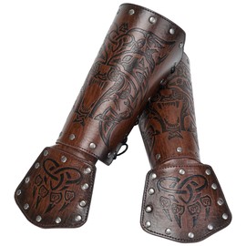 HiiFeuer Viking Bracer Embossed Fenrir Mjolnir Faux Leather Arm Armor, Medieval PU Leather Arm Bracers for LARP (Brown)