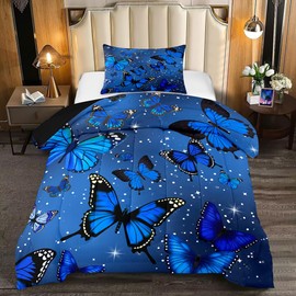 Blue Butterfly Comforter, Butterfly Bedding Set for Girls, Blue Butterflies with Sky Stars Prints Comforter Set for Women Girls Butterfly Bedding Twin Size Quilt Set, 1 Comforter + 1 Pillowcase