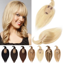 RICH BRIA Hair Toppers for Women with Thinning Hair Real Human Hair with Bangs Toppers Hair for Women Hair Toppers with Bangs for Hair Loss Grey Hair 10" #613 Bleach Blonde (Base: 5.1 * 2.8in)