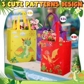 Eccliy 80 Pcs Dinosaur Gift Bags Summer Party Favors Non Woven Reusable Tote with Handles Cute Dino Glossy Goodie Bags for Shopping, Treat, Candy, Birthday Party Supplies, 10 x 8 x 4.7 in