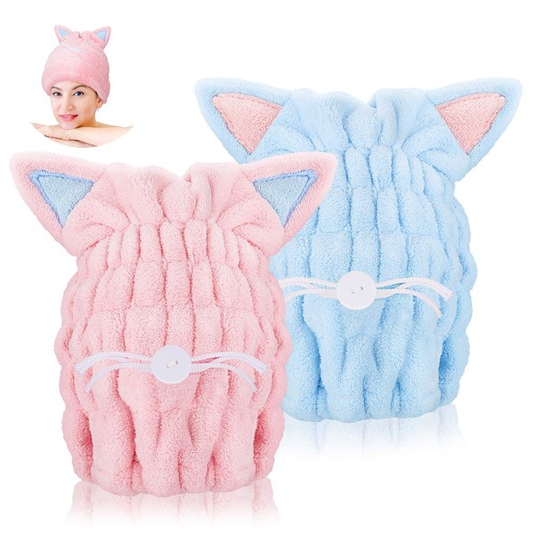 Number-One - 2 toallas de secado ultra suaves y absorbentes para el cabello, microfibra de secado rápido, gorro de baño de orejas de gatito, gorro de baño de secado rápido para mujeres, adultos o niños (azul y rosa)