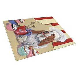Caroline's Treasures PPP3011LCB Basset Hound Cupcake Hound Glass Cutting Board Large Decorative Tempered Glass Kitchen Cutting and Serving Board Large Size Chopping Board