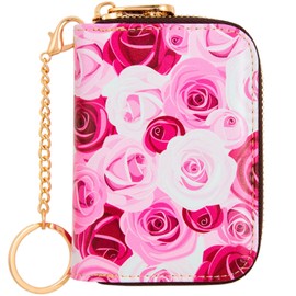 Kaabao Credit Card Holder, RFID Blocking Wallet for Women Small Slim Leather Wallets with Keychain Zipper Business Cards Case (Pink Romantic Rose)