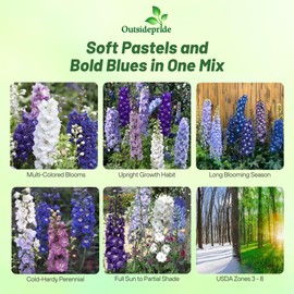 Outsidepride Magic Fountains Crystal Mix Delphinium Seeds - 200 Pcs Perennial, Self-Seeding, Heat & Drought Tolerant Flower Seed for Planting Mix Blooms for Cut Flower Arrangement, & Pollinator Garden