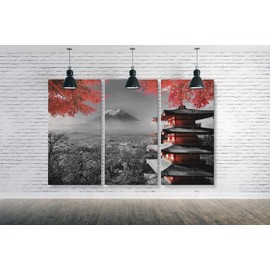 Japanese Temple in Autumn Black White Red Canvas Art Wall Art Home Decor (3 Pieces Large)