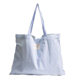 YanZhou solid color, cotton striped reusable grocery handbag, large size, suitable for home, office, travel, canvas, handbag (竖条蓝)
