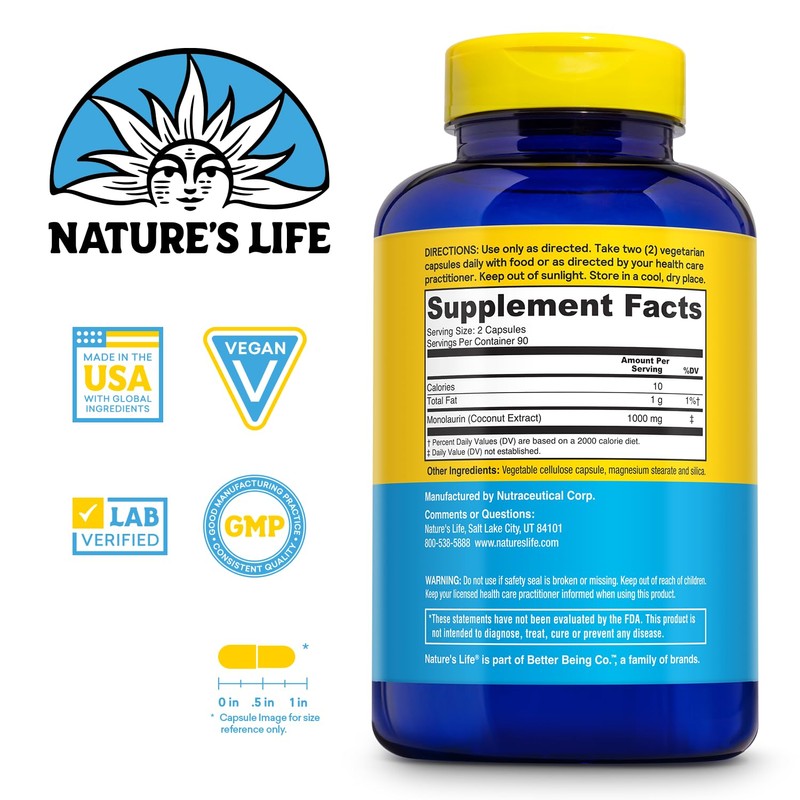 Nature's Life Monolaurin Capsules, 1000 mg | Vegetarian | Support