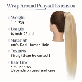 Rich Choices Ponytail Extension Wrap Around Ponytail Hair Extension Straight 16 Inch #18/613 Ash Blonde mix Bleach Blonde Remy Human Hair Pieces