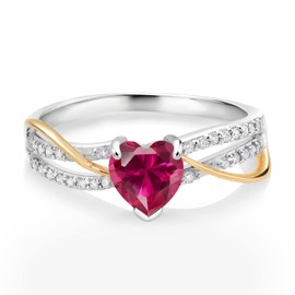 Gem Stone King Heart Shape Red Created Ruby E-F Lab Grown Diamond 1.11 Ct 925 Silver and 10K Yellow Gold Ring (Size 9)