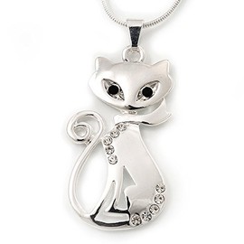 Avalaya Clear Crystal Cat Pendant with Chain/Rhodium Plated/ 40cm L/ 4cm Ext