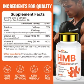 HMB Supplements for Men Women: HMB 3000MG with D3 90 Servings Clear Muscle | HMB Free Acids (B-Hydroxy B-Methylbutyrate) Support Muscle Growth Relief Fast Workout Recovery 180 Liquid Softgels