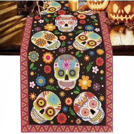 33x230cm Camino de Mesa Decoración Halloween, Camino de Mesa Rústico de Adornos Dia de Muertos Decoracion Mantel de México, Diseño de Calavera de Azúc