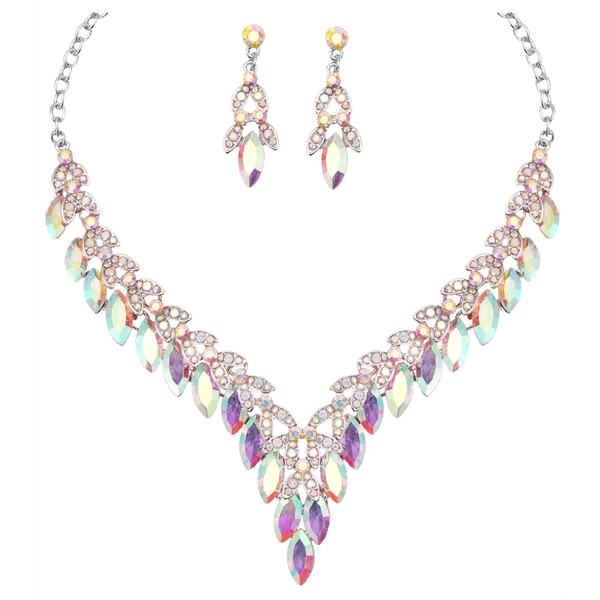 chaoyite Elegant Statement Necklace Dangle Earrings Leaf Cluster Crystal Bridal