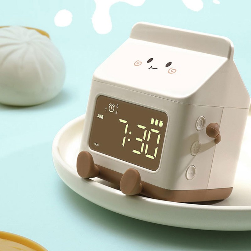 Cartoon Fun Milk Box Alarm Clock for Students, Digital Countdown