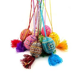 Religious Gifts Set of 3 Ukrainian Wooden Hand Painted Easter Eggs Pysanky Pisanky on Cord 2 1/2 Inch