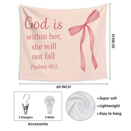 Evcprz Christian Coquette Pink Bow Tapestry, God Is Within Her She Will Not Fall Bible Verse Wall Tapestries, Preppy Religious Wall Hanging Decor for Girls Bedroom Dorm Home, 50x60 Inch