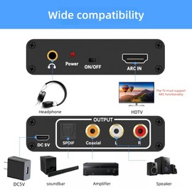 HDMI ARC Audio Extractor Converter, 192KHz ARC Audio Extractor Output Optical SPDIF/Coaxial/RCA and 3.5mm Jack Stereo Adapter for HDTV Link to Soundbar, Home Amplifier, Speaker ect