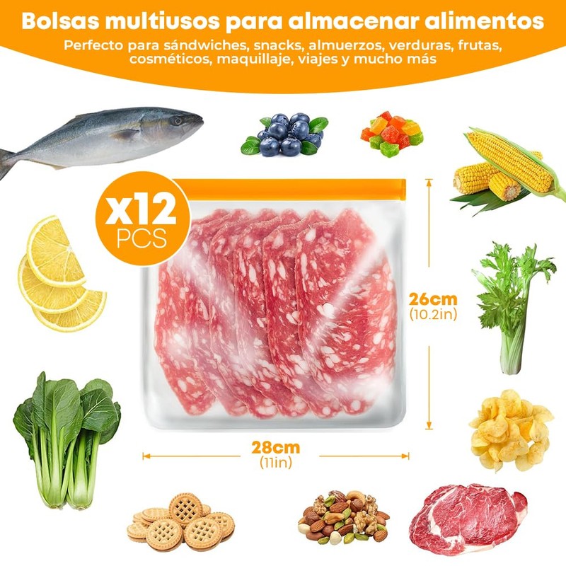 12Pcs Bolsas Reutilizables para Alimentos Herméticas y Ecológicas (Verde, 28x26cm)