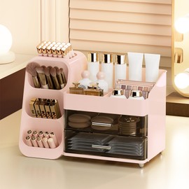 sunoyar Makeup Organizer Countertop, Large Make Up Brush Holder Makeup Drawer Organizer for Vanity Dresser Bathroom, Skin Care Organizer for Brush Eyeshadow Lotion Lipstick Perfume Nail Polish Pink