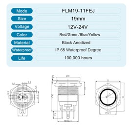 FILN 2PCS 19mm (3/4'') Pushbutton Switch 12V 24V DC on-Off with LED Head 1NO1NC with Wire Socket Black Plated Plug for Car Instrument Light(Black Plated Momentary Yellow)