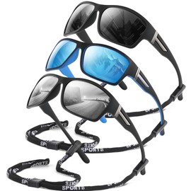 DEMIKOS Polarized Running Sunglasses for Men：Cycling Sun Glasses for Mens Womens Sports Sunglasses for Fishing Driving Wrap Around UV400 Protection Blue+Black+White