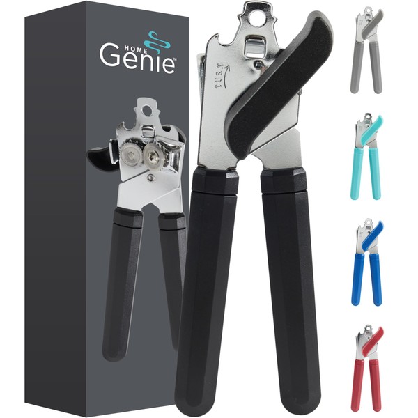 Home Genie Stainless Steel Blade and Rust Resistant Manual Can Opener, HandHeld Easy Turn Knob, Smooth Edge Cut on Lids, Large Handles with Bottle Top Openers, Kitchen Tool Accessories, Pitch Black