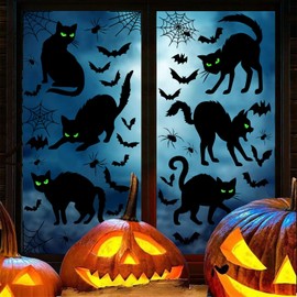 Decoración para ventanas de gato negro de Halloween, calcomanías espeluznantes de casa encantada, murciélagos, telaraña, telaraña, diseño de silueta e