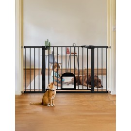 Babelio 36.5-57" Extra Wide Baby Gate with Cat Door,Auto Close&Two Way Swing,Pressure Mounted Dog Gates for Stairs,Doorways,Includes 4 Wall Cups and 3 Extension Pieces,Black