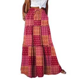 Happy Sailed Womens Retro Boho Printed High Waist Elastic Waist A Line Flowy Long Maxi Beach Skirts with Pockets Red XL