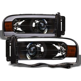 TLAPS 7422443070090 Compatible With 2002-2005 Dodge Ram 1500/2003-2005 2500 3500 DRL LED Strip Bar Black Housing Projector Headlights With Amber Reflector