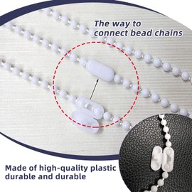 10 Meters (10.94 Yards) Bead Chain, Blinds Vertical Blind Bottom Chain, Roller Blind Cord, with 10 PCS of Mating Connectors, Cord for Roller Blind Replacement Parts Repair Fittings(White)