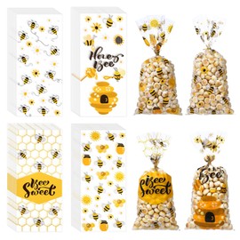 100 PCS Bee Cellophane Treat Bags with Twist Ties, Honey Bee Daisy Print Candy Goodie Pouches Small Plastic Sweet Party Favor Bags for Birthday Baby Shower Gender Reveal Party Gift Wrapping Supplies