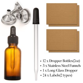 AOZITA 12 Pack, 2 oz Glass Dropper Bottle with 3 Stainless Steel Funnels & 1 Long Eye Dropper - 60ml Amber Glass Tincture Bottles for Travel Essential Oils, Liquids - Leakproof