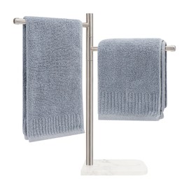 Winmien Standing Hand Towel Holder, Hand Towel Stand with Marble Base, 304 Stainless Steel Towel Rack with 2 Swivel Arm, Countertop Stand Towel Ring Towel Bar for Bathroom (Brushed Nickel