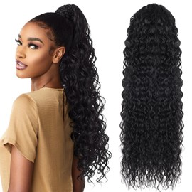 Wisebom Ponytail Extension Clip 62 cm Hairpiece Ponytail Long Curly Wavy Ponytail Extension with Drawstring for Women Synthetic Hair Extensions (Black)