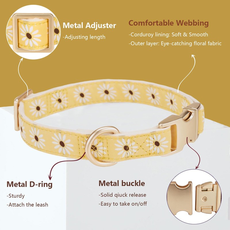 Adorable Yellow Daisy Pattern Dog Collar with Gold Buckle -