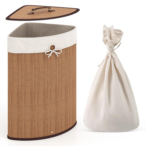 Giantex Corner Laundry Hamper with Lid, 58 L Bamboo Laundry