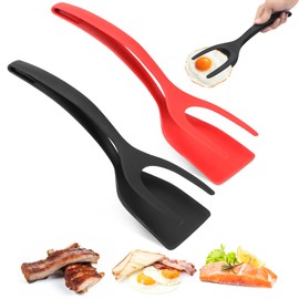 Egg flipper spatula tongs Set of 2 PCS - 2 in 1 Grip and Flip Spatula Tong Multi-purpose Use Non-Stick kitchen flipper spatula for Bread Fish Pancake Toast Home Kitchen Cooking Tool (Black + Red)