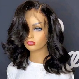 QUINLUX WIGS Body Wave Short Bob Human Hair Wig 13x6 HD Transparent Lace Front Human Hair Wig Brazilian Hair Natural Color 150% Density Short wigs Ocean Wave Pre Plucked with Baby Hair For Women14"10"