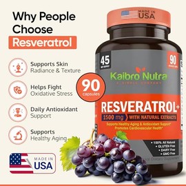 Kaibro Nutra Suplemento de Resveratrol, 1500mg de Trans Resveratrol Extra Fuerte, Quercetina con Extractos de Hierba de Nudos Japonesa, Anti-Envejecim