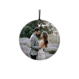 Our First Christmas Engaged Glass Ornament â Personalize with Year and Photo â Elegant Minimalistic Design - 3.5â Starfire Prints Hanging Glass Decoration | Complimentary Red Velveteen Gift Bag