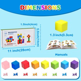 MAKTOR Magnetic Building Blocks Large, 1.3 inch Magnetic Stacking Cubes for Toddlers, Preschool Educational Construction Kit, Sensory Montessori Toys Blocks for Kids (32PCS)