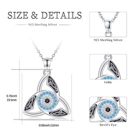Evil Eye Necklace 925 Sterling Silver Celtic Knot Necklace Blue Zircon Evil Eye Pendant Irish Necklace Celtic Jewellery Gifts for Women Men, Sterling Silver, Zircon