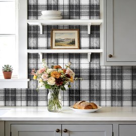 Livelynine Black Plaid Wallpaper Peel and Stick Black White Tartan Plaid Contact Paper Self Adhesive Modern Farmhouse Wall Paper Prepasted Removable Traditional Gingham Check Dark Accent 17.5x78.8