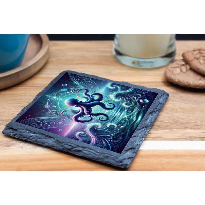 Octopus Wave Design Slate Coaster with Vibrant Cosmic Artwork (slco-kf25-6272)