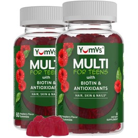 YUM-V'S Teen Multivitamin Gummies with Biotin and Antioxidants - Raspberry Flavor - Hair Skin Nails Support - Vegetarian Kosher Teen Vitamins for Boys and Girls 12-17 - 60 Count (Pack of 2)