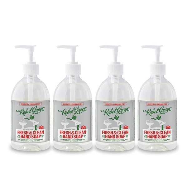 Rebel Green Liquid Hand Soap - Moisturizing Natural Bathroom & Kitchen Liquid Soap - Gentle Household Hand Wash (Unscented, 16.9 Fl Oz (Pack of 4))